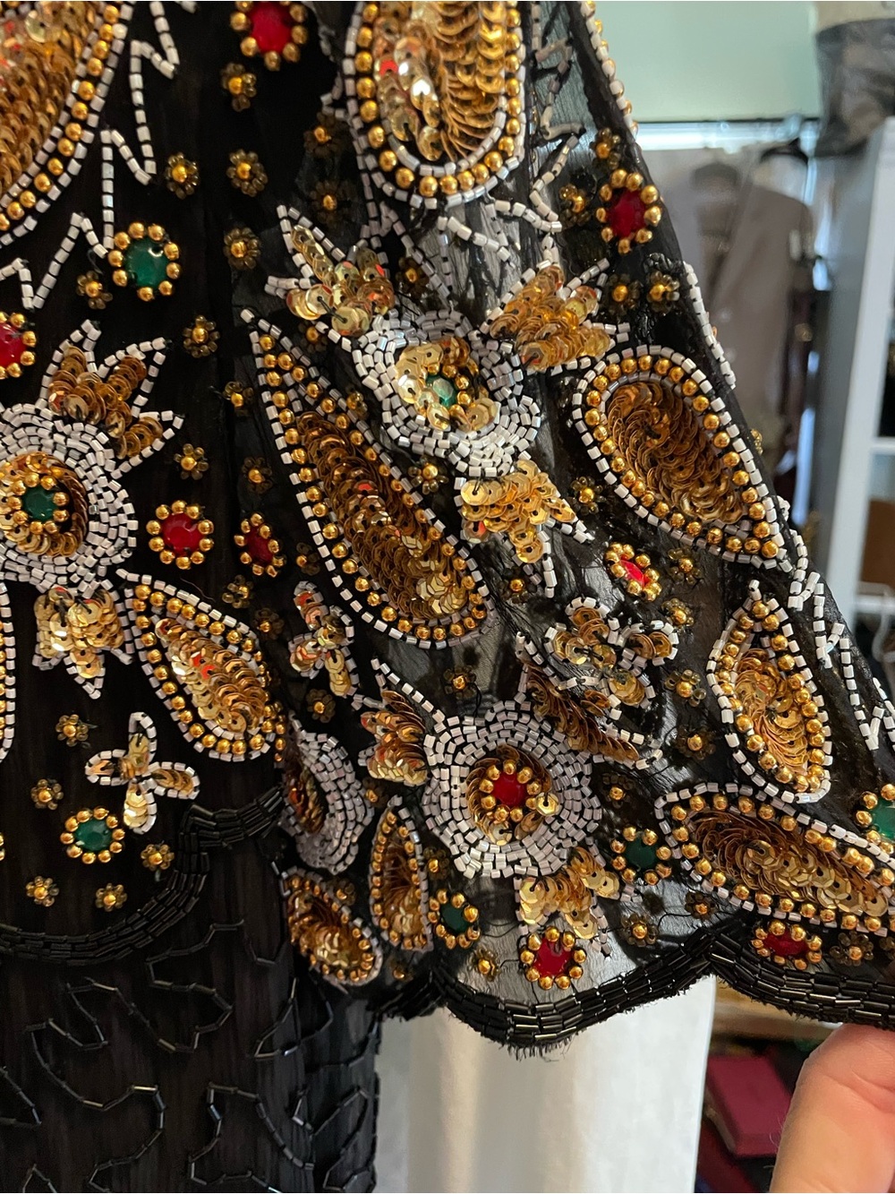 Vintage Laurence Kazar Silk Beaded Dress Black Gold Embellished L - Picture 7 of 10